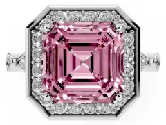 Fancy Pink Asscher Cut Diamond Halo Engagement Ring Set in White gold with Twisted Band and Prong Setting