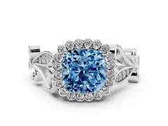 Fancy Blue Cushion Cut Diamond Halo Ring Set in Platinum with Leaf Motif Split Shank and Prong Setting