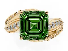 Fancy Green Asscher Cut Diamond Solitaire Ring Set in Yellow gold with Layered Twist Pavé Band