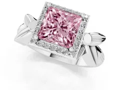 Fancy Pink Princess Cut Diamond Halo Floral Band Ring Set in White gold with Prong Setting