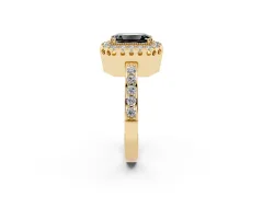 Fancy Black Emerald Cut Diamond Halo Ring Set in Yellow gold with Pavé Shank and Prong Setting