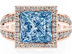 Fancy Blue Princess Cut Diamond Halo Ring Set in Rose gold with Double Pavé Split Shank