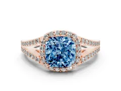 Fancy Blue Cushion Cut Diamond Halo Split Shank Pavé Ring Set in Rose gold with Prong Setting
