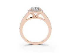 Round Cut Diamond Halo Split Shank Ring Set in Rose gold with Accent Stones and Prong Setting