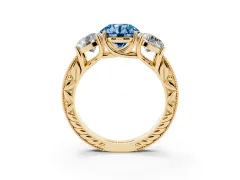 Fancy Blue Round Cut Diamond Three-Stone Engagement Ring Set in Yellow gold with Milgrain Pavé Band