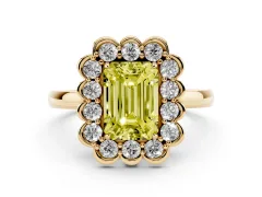 Fancy Yellow Emerald Cut Diamond Halo Cluster Engagement Ring Set in Yellow gold with Solitaire Band and Prong Setting