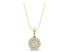 Round Diamond Double Halo Pendant Set in Yellow gold with Allover Pavé