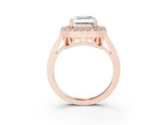 Asscher Cut Diamond Halo Ring Set in Rose gold with Accent-Lined Split Shank and Prong Setting