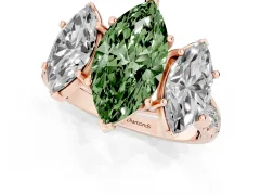 Fancy Green Marquise Cut Diamond Three-Stone Ring Set in Rose gold with Pavé Band