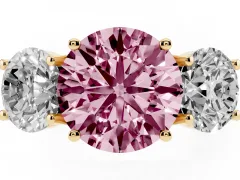 Fancy Pink Round Cut Diamond Three-Stone Ring Set in Yellow gold with Pavé Band