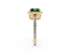 Fancy Green Asscher Cut Diamond Halo Ring Set in Yellow gold with Pavé Shoulders and Halo-Framed Center