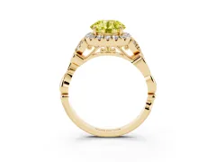 Fancy Yellow Round Cut Diamond Halo Engagement Ring Set in Yellow gold with Vintage-Inspired Band and Prong Setting