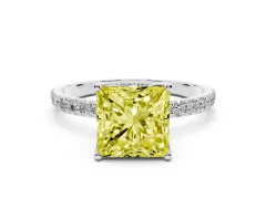 Fancy Yellow Princess Cut Diamond Solitaire Engagement Ring Set in White gold with Round Pavé Band and Prong Setting