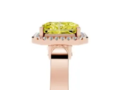 Fancy Yellow Radiant Cut Diamond Halo Ring Set in Rose gold with Pavé-Lined Split Shank Band