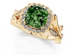 Fancy Green Cushion Cut Diamond Halo Ring Set in Yellow gold with Leaf Motif Split Shank and Prong Setting