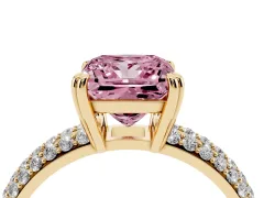Fancy Pink Princess Cut Diamond Solitaire Ring Set in Yellow gold with Multi-Row Round Pavé Band and Prong Setting