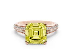 Fancy Yellow Asscher Cut Diamond Split Shank Pavé Engagement Ring Set in Rose gold with Prong-Set Center Stone