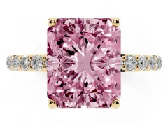 Fancy Pink Radiant Cut Diamond Solitaire Engagement Ring Set in Yellow gold with Round Pavé Band and Prong Setting