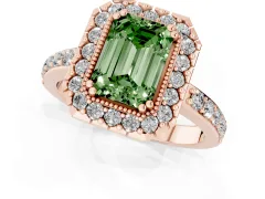 Fancy Green Emerald Cut Diamond Halo Ring Set in Rose gold with Pavé Shank and Prong Setting