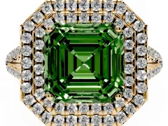 Fancy Green Asscher Cut Diamond Double Halo Ring Set in Yellow gold with Pavé Band