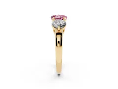 Fancy Pink Round Cut Diamond Three-Stone Ring Set in Yellow gold with Prong Setting and Plain Band