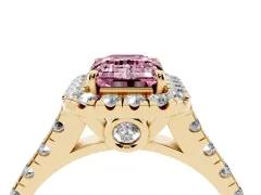 Fancy Pink Emerald Cut Diamond Halo Engagement Ring Set in Yellow gold with Pavé Band and Prong-Set Center