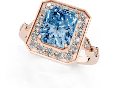 Fancy Blue Radiant Cut Diamond Halo Engagement Ring Set in Rose gold with Twisted Band and Prong Setting