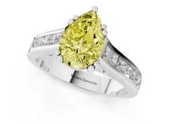 Fancy Yellow Pear Cut Diamond Channel Set Solitaire Engagement Ring Set in Platinum with Prong Setting
