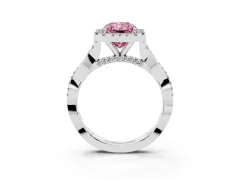 Fancy Pink Radiant Cut Diamond Halo Twist Band Solitaire Ring Set in Platinum with Prong Setting