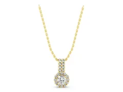 Round Halo Diamond Pendant Set in Yellow gold with Double Prong Center