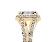 Emerald Cut Diamond Halo Split Shank Pavé Ring Set in Yellow gold with Prong Setting