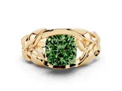 Fancy Green Cushion Cut Diamond Leaf-Inspired Engagement Ring Set in Yellow gold with Round Accents