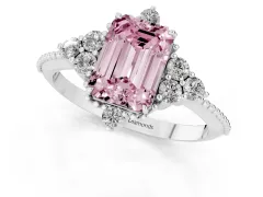 Fancy Pink Emerald Cut Diamond Cluster Ring Set in Platinum with Beaded Band