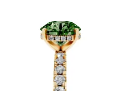 Fancy Green Round Cut Diamond Pavé Solitaire Ring Set in Yellow gold with Round Band Accents and Prong Setting