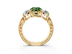 Fancy Green Round Cut Diamond Three-Stone Engagement Ring Set in Yellow gold with Milgrain Pavé Band