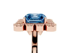 Fancy Blue Asscher Cut Diamond Cluster Halo Ring Set in Rose gold with Milgrain Bezel Accents and Plain Band