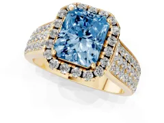 Fancy Blue Radiant Cut Diamond Halo Ring Set in Yellow gold with Pavé Band and Raised Center Setting