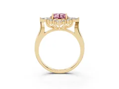 Fancy Pink Round Cut Diamond Cluster Halo Ring Set in Yellow gold with Marquise and Round Accents