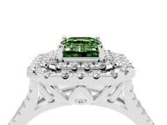 Fancy Green Emerald Cut Diamond Double Halo Ring Set in Silver with Pavé Split Shank and Prong Setting