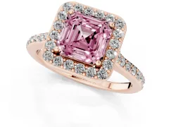 Fancy Pink Asscher Cut Diamond Halo Engagement Ring Set in Rose gold with Round Pavé Shoulders and Heart Gallery