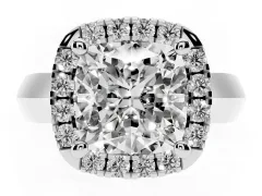 Cushion Cut Diamond Halo Solitaire Engagement Ring Set in White gold with Square Band and Prong Setting