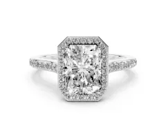 Radiant Cut Diamond Halo Engagement Ring Set in Silver with Round Pavé Shoulders and Heart Gallery