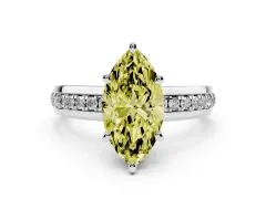 Fancy Yellow Marquise Cut Diamond Solitaire Ring Set in White gold with Channel Set Band and Prong Setting