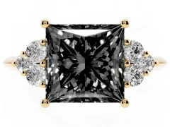 Fancy Black Princess Cut Diamond Cluster Ring Set in Yellow gold with Plain Band and Prong Setting