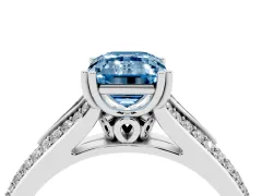 Fancy Blue Emerald Cut Diamond Split Shank Pavé Engagement Ring Set in Platinum with Prong-Set Center Stone