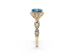Fancy Blue Radiant Cut Diamond Halo Twist Band Solitaire Ring Set in Yellow gold with Prong-Set Center Stone