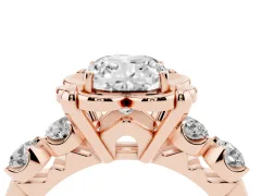 Cushion Cut Diamond Floral Halo Ring Set in Rose gold with Shared Prong Band