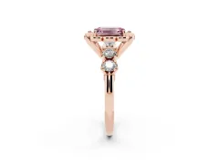 Fancy Pink Emerald Cut Diamond Floral Halo Ring Set in Rose gold with Shared Prong Band