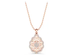 Round Diamond Halo Pendant Set in Rose gold with Filigree Frame