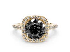 Fancy Black Round Cut Diamond Halo Engagement Ring Set in Yellow gold with Round Pavé Shoulders and Heart Gallery